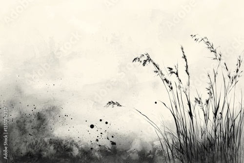 Minimalist black and white watercolor of wild grass in wind with ink splatter on textured background, evoking calm and nature. AI generative.