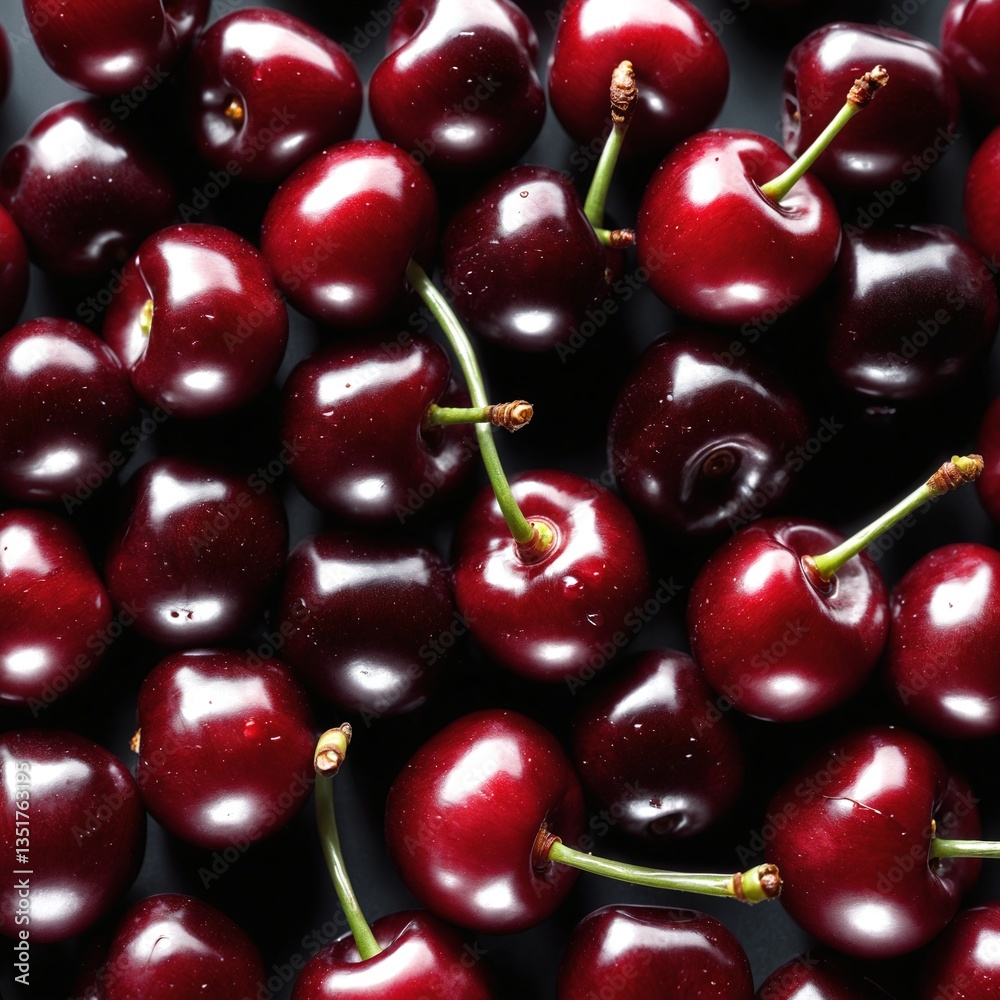 Fresh cherry fruits on dark. Food background. Top view, flat lay. Fresh cherry fruits on dark. Food background. Top view, flat lay.