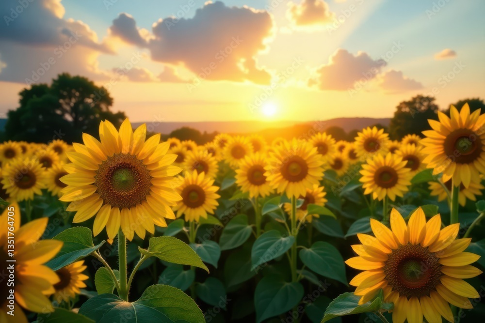 Fototapeta premium Golden hour sun bathes vibrant sunflowers, creating a stunning summer vista , aesthetic, warm