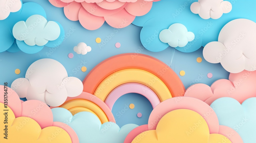 D Paper Cutout Background with Colorful Clouds and Rainbow in Soft Pastel Tones D Paper Cutout Background with Colorful Clouds and Rainbow in Soft Pastel Tones