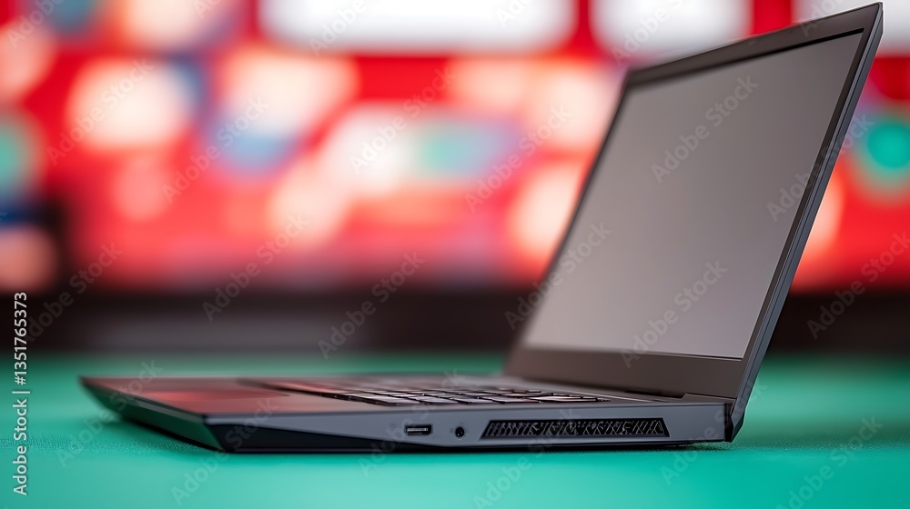 Laptop against colorful blurred background. Focus on sleek hardware and display Laptop against colorful blurred background. Focus on sleek hardware and display
