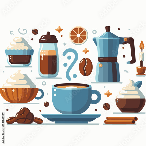 coffee, drink, background, beverage, espresso, cup, cafe, caffeine, food, hot, morning, white, mug, breakfast, brown, aroma, black, fresh, dark, closeup, design, cappuccino, mocha, latte, vector, set,