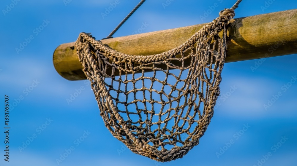 Obraz premium A fish trap net suspended from a dock post, swaying in the breeze