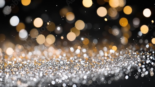 A close-up shot of silver and gold glitter against a matte black background, with a subtle bokeh in the foreground