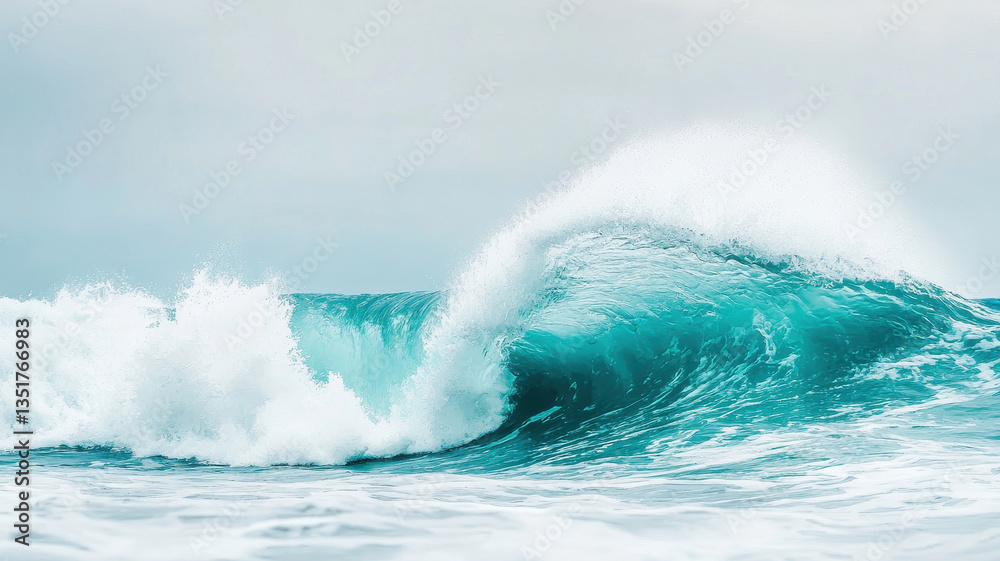 Obraz premium beautiful wave crashes gracefully against ocean surface, showcasing vibrant turquoise hues and frothy white foam. serene atmosphere evokes sense of calm and tranquility