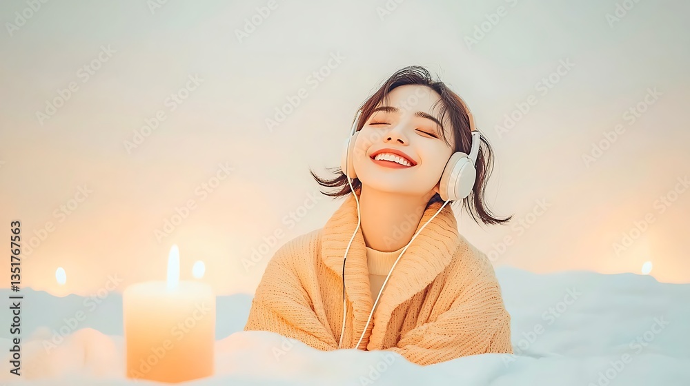 Naklejka premium Woman Relaxing for Listening Music, Cozy Home.