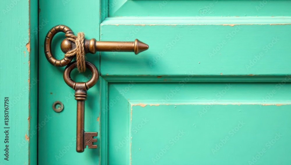Rustic mint green door with bronze skeleton key hanging by twine , skeleton key, entryway Rustic mint green door with bronze skeleton key hanging by twine , skeleton key, entryway