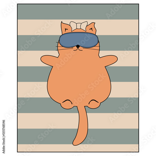  Nice cute cat on the stripped rug with bandage on the eyes