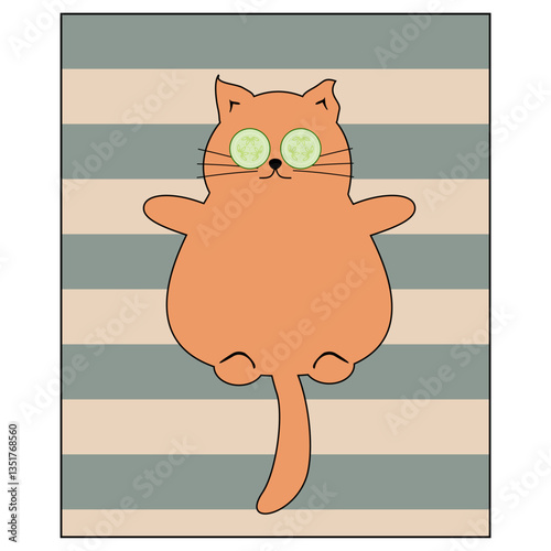 Nice cute cat on the stripped rug with cucumbers on the eyes 