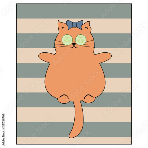 Nice cute cat on the stripped rug with cucumbers on the eyes 