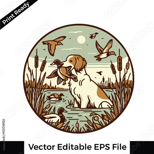 Vector  Brittany Spaniel dog hunting duck holding duck in its mouth, t-shirt and logo