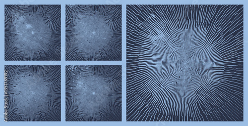 Hand Drawn Radial Ragged Lines Vector Assorted Textures Set Dark Blue Abstract Backgrounds. Handdrawn Shading Mesmerizing Psychedelic Abstraction Art Illustration. Graphic Artwork Print for Home Decor