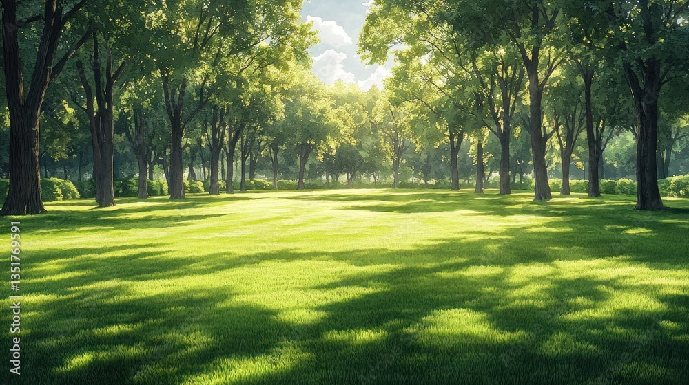 Obraz premium Sunny forest pathway, green grass, sunlight through trees