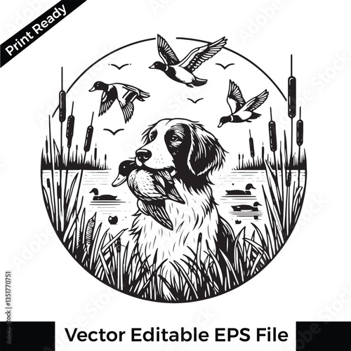 Vector  Brittany Spaniel dog hunting duck holding duck in its mouth, t-shirt and logo
