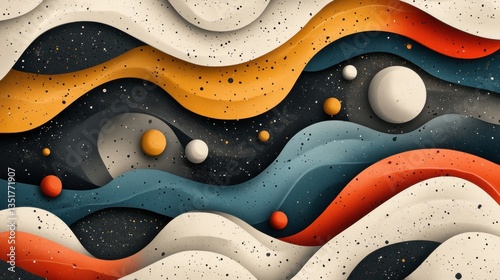 Abstract wavy shapes, colorful paper cut design, with dots and spheres, background illustration