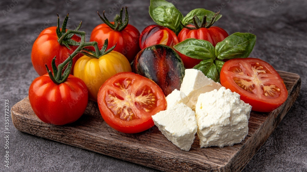 Fresh Heirloom Tomatoes with Feta Cheese and Basil on Rustic Wooden Board Fresh Heirloom Tomatoes with Feta Cheese and Basil on Rustic Wooden Board
