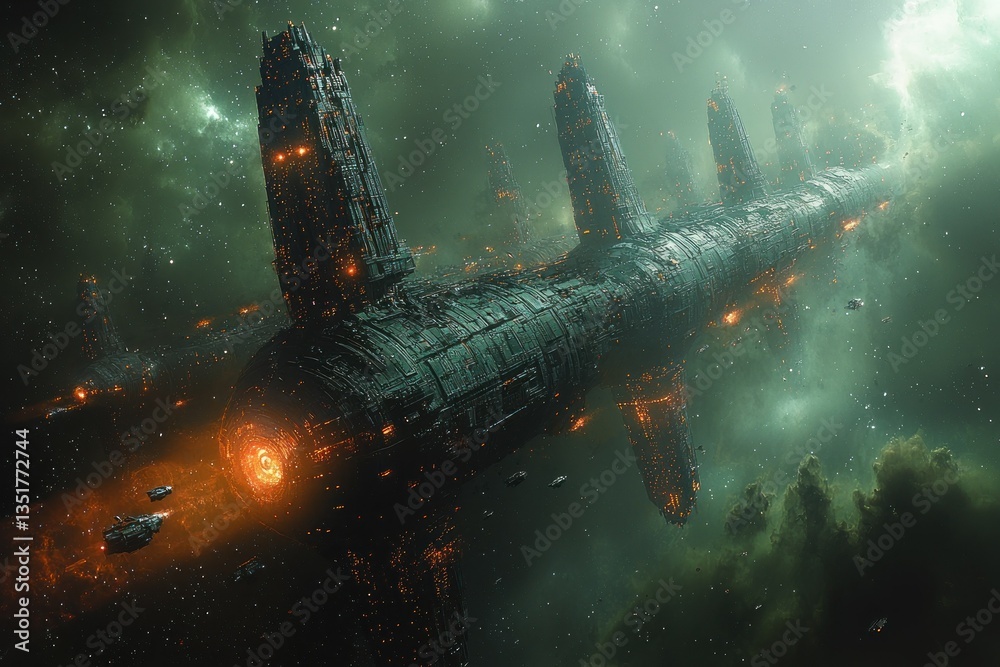 Obraz premium Gigantic Spacecraft Navigating Nebula