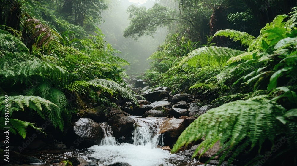 Fototapeta premium A river flowing gently through a thick, green tropical jungle
