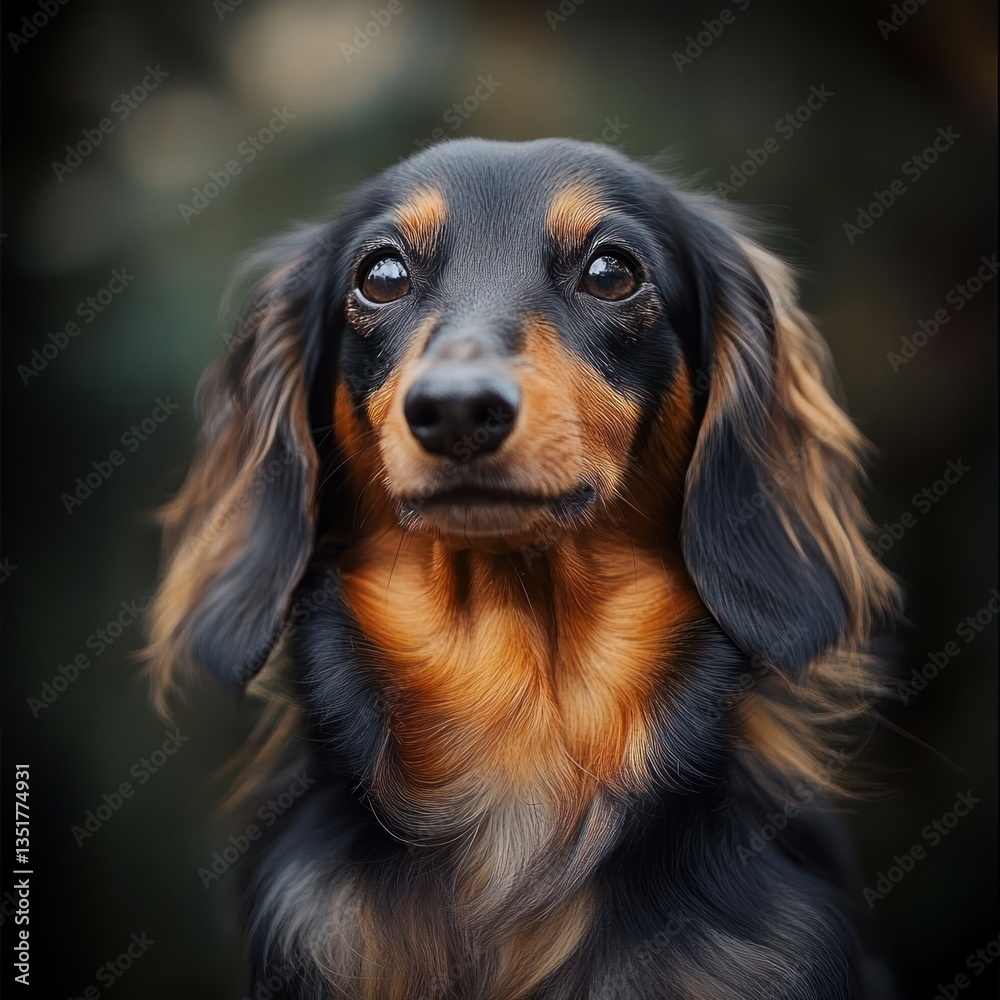 Long-haired dachshund looks up, portrait of the dog outside with blurred background, possibly for pet ads Long-haired dachshund looks up, portrait of the dog outside with blurred background, possibly for pet ads