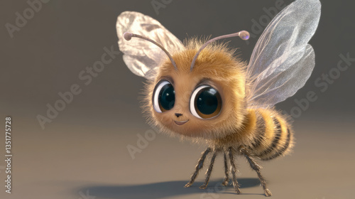Adorable Cartoon Bee with Fluffy Texture and Expressive Eyes