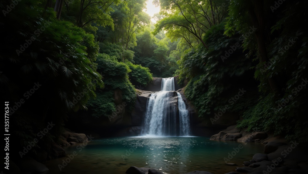 Obraz premium Serene Secluded Waterfall Flowing Into a Pristine Tropical Pool