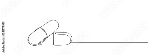 Single continuous line, capsule-type tablet line art vector business illustration with transparent background editable stroke.