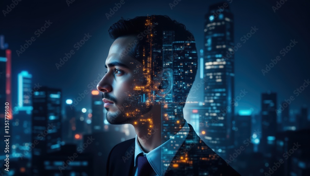 Double Exposure of Businessman with Futuristic Neon City Background Double Exposure of Businessman with Futuristic Neon City Background