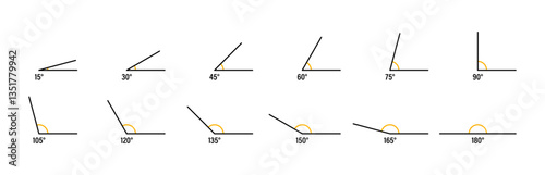 Angle 15, 30, 45, 60, 75, 90, 105, 120, 135, 150, 165 and 180 degree icon symbol design set. Geometry, trigonometry and mathematics symbol. Measure angle rotation element. Vector Illustration.