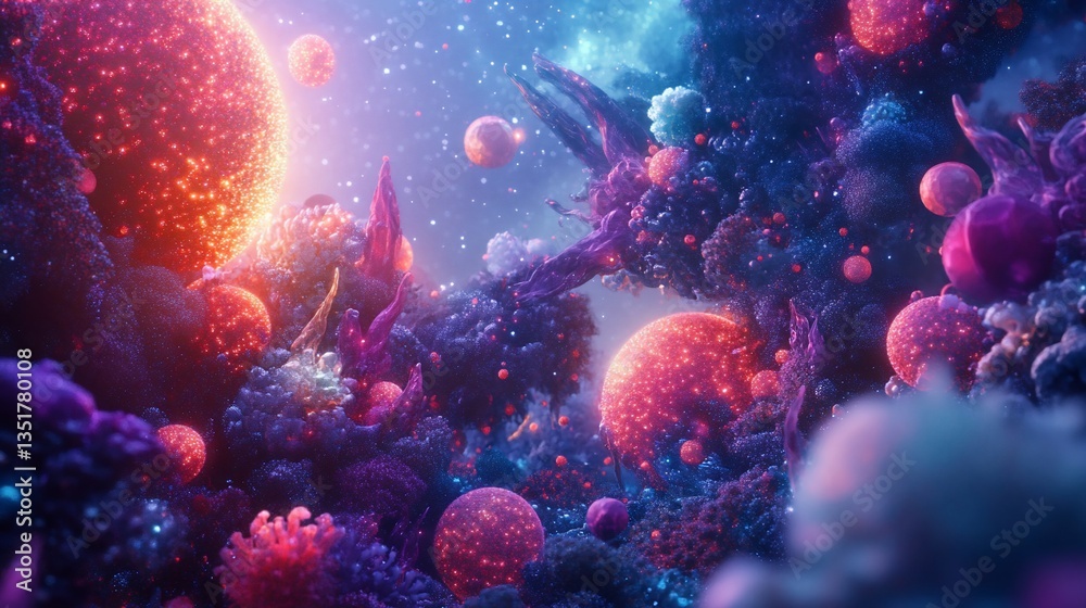 Fototapeta premium Glowing spherical formations with vibrant colors and intricate textures create an otherworldly landscape