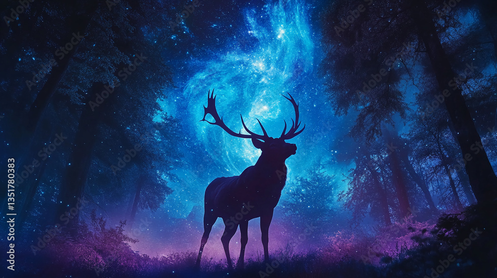 Fototapeta premium Silhouette of stag in mystical blue forest, under a starry nebula, evokes magic, wonder, and tranquility, ideal for fantasy or nature themes