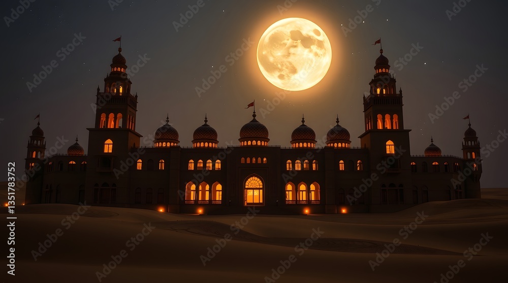 Obraz premium Stunning Illuminated Palace Under Bright Full Moon