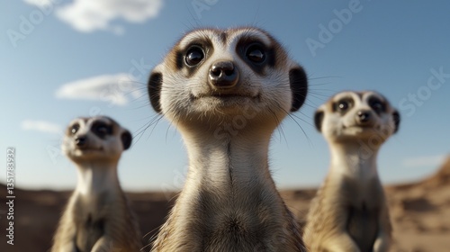 Wallpaper Mural Three meerkats standing together in a desert landscape under a clear blue sky, showcasing their curious expressions Torontodigital.ca