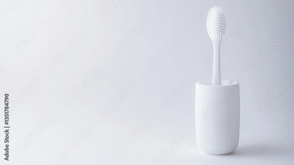 A minimalist image of a white toothbrush standing upright in a simple white holder on a light background. A minimalist image of a white toothbrush standing upright in a simple white holder on a light background.