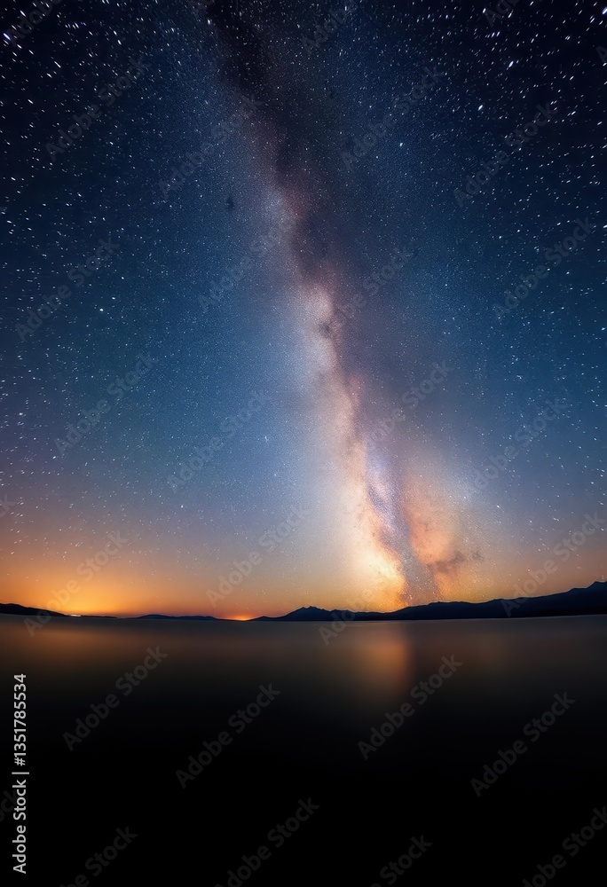 Vast, starlit Milky Way arching over tranquil Lake Tahoe's dark waters, serenity, star trails, celestial Vast, starlit Milky Way arching over tranquil Lake Tahoe's dark waters, serenity, star trails, celestial