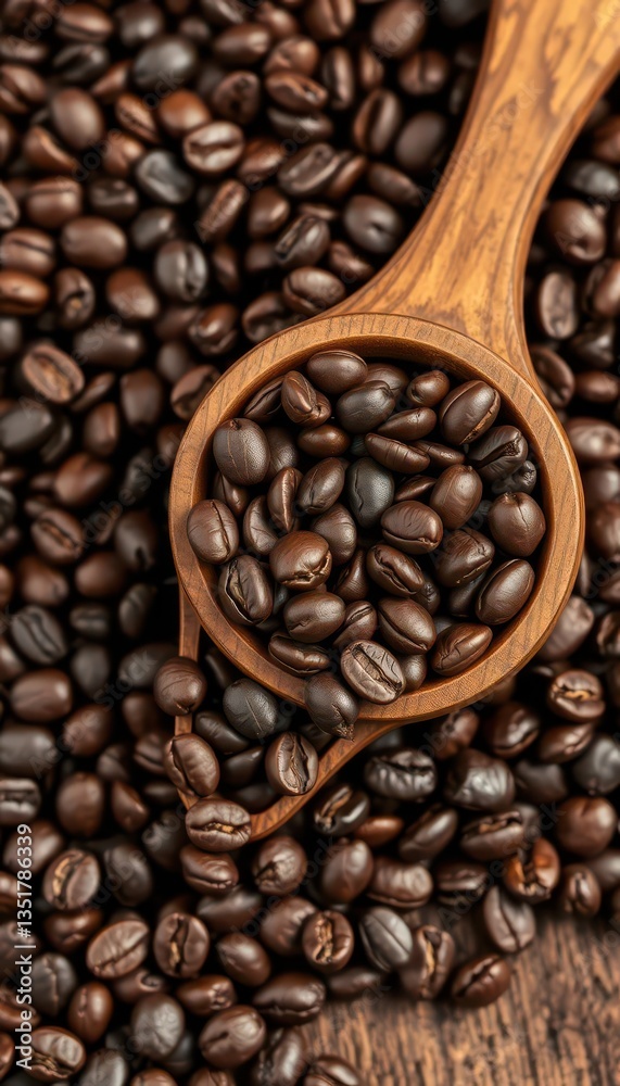 Fototapeta premium Wooden cup overflowing with dark roasted coffee beans, mocha, breakfast, coffee