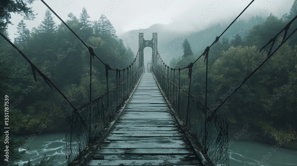 Obraz premium A misty suspension bridge with forest and river views, on a cloudy day and moody atmosphere