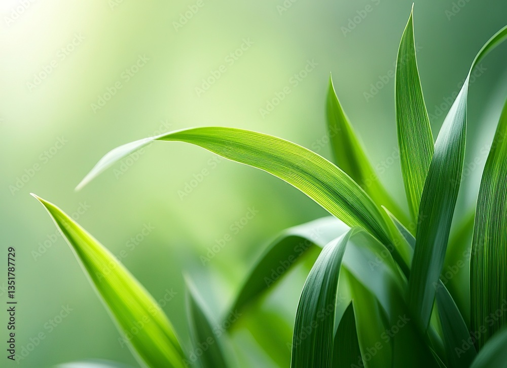 Obraz premium Abstract green blurred background, close-up of curved leaves on the edge of a grass blade, blurred abstract background, banner with copy space area for design. Stock photo. High-detail, ultra-realisti