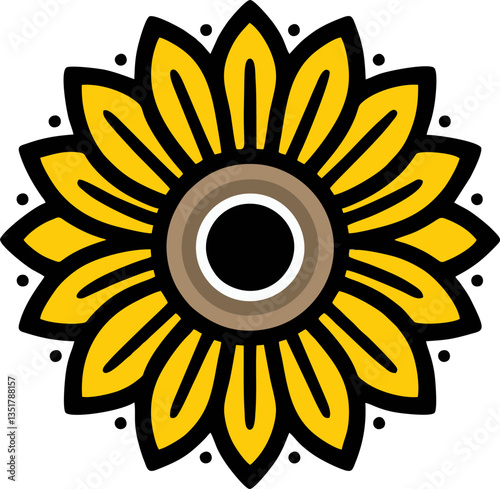 Modern Sunflower Mandala, This digital artwork presents a modern and symmetrical sunflower mandala design. The sunflower features golden-yellow petals with elegant cut-out details, outlined in black