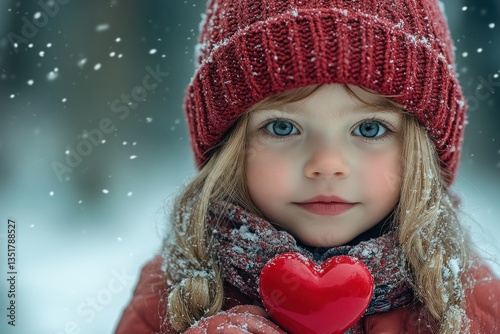 Young Girl in Snowy Forest Holding Heart Symbolizing Love Kindness and Charity