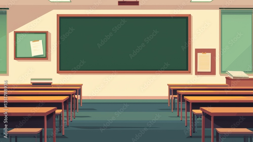 Empty Classroom with Desks Blackboard and Bulletin Board Educational Setting Illustration Empty Classroom with Desks Blackboard and Bulletin Board Educational Setting Illustration