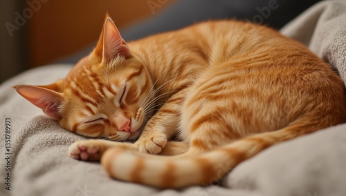 Cozy Cat Curling Up on Soft Blanket in Warm Indoor Ambiance