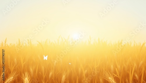 Golden Wheat Fields Under Pastel Sky with Butterflies at Sunset