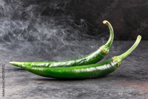 Steaming Fresh Green Chile Peppers on Dark Background: Spicy Culinary Ingredient in Modern Photography