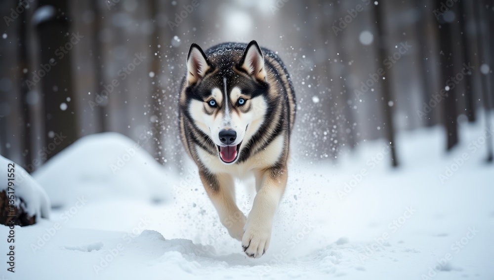Naklejka premium Energetic Dog Running Through a Snowy Forest with Light Snowflakes