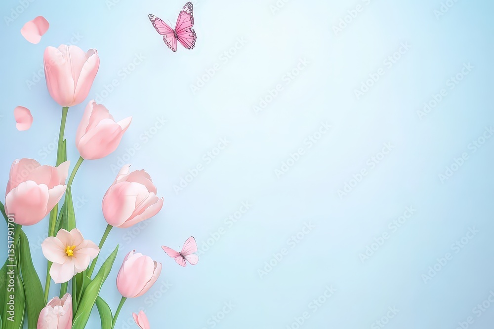 Naklejka premium A serene illustration of pink flowers and butterflies against a soft blue background, evoking a sense of tranquility and beauty.