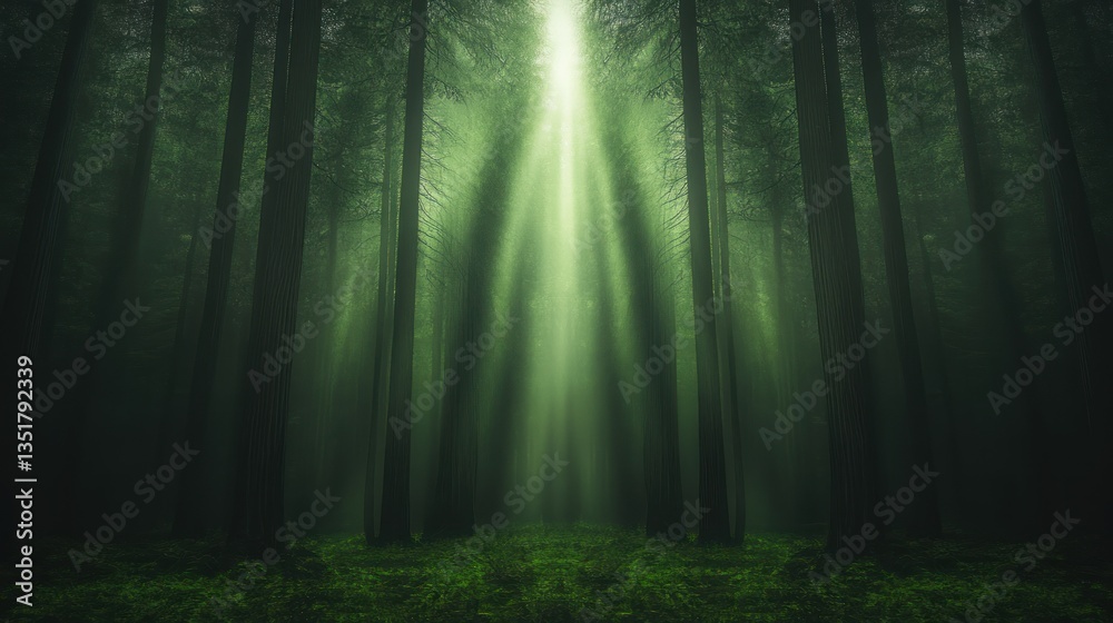 Naklejka premium Enchanted Forest: Sunbeams Piercing Through Ancient Trees
