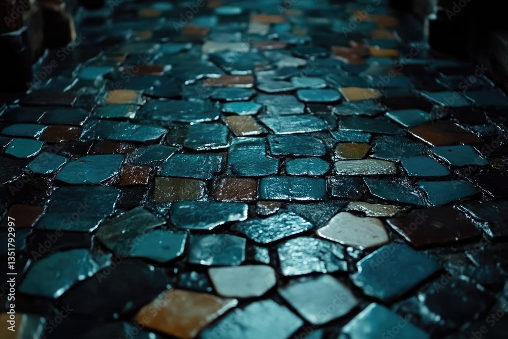 Cobblestone path, wet and reflective Cobblestone path, wet and reflective