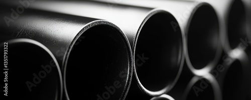Close-up of black industrial pipes stacked together.