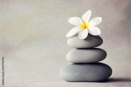 Zen balance stones with delicate white frangipani bloom.  Concept for calm and relaxation. With copy space.