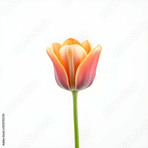 Delicate Pastel Peach Tulip Flower in Bloom on White Background
